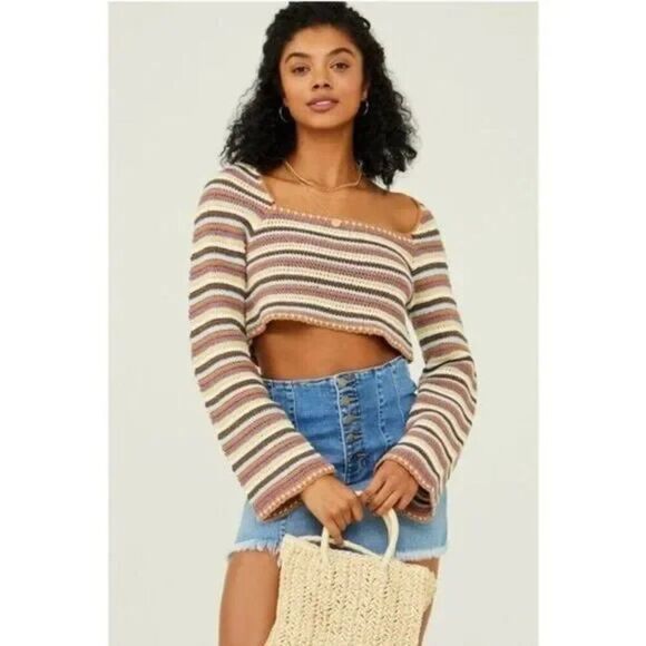 Altar'd State Women's Layla Crochet Striped Cropped Top Size Large - Picture 1 of 9